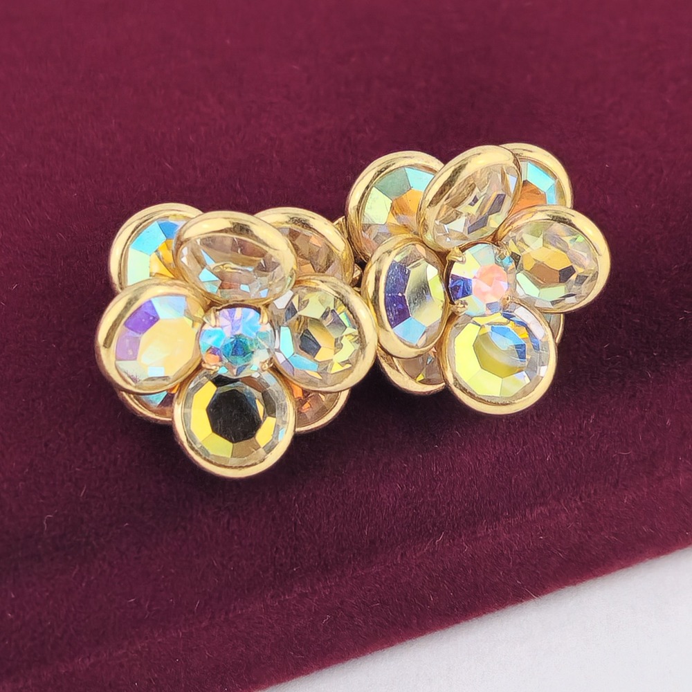 Vintage Aurora Borealis AB Rhinestone Flower Cluster Clip On Earrings Gold Tone